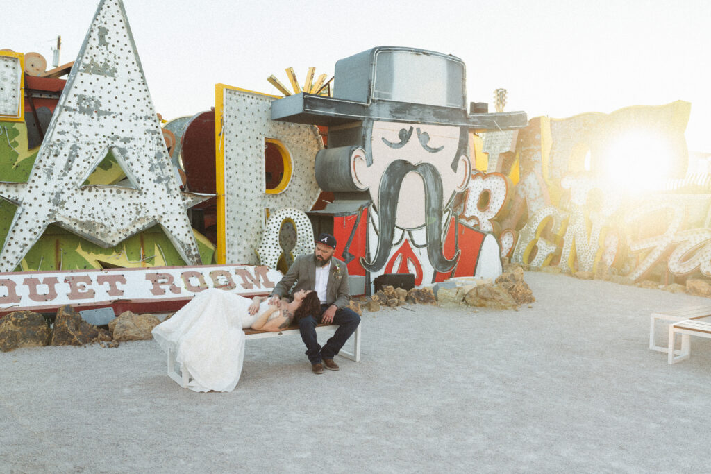 Las Vegas Neon Museum Wedding Photographer with wedding couple